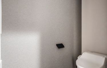1Fトイレはグレーを基調にしたシックな空間。タンクレス仕様で、極限までシンプルに仕上げました。