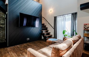 チャイナブリックを張り上げた壁と、ガルバリウムのアクセントウォールが印象的なリビング。 インダストリアルな雰囲気をぐっと引き立てます。