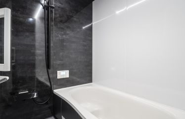 細部までブラックでそろえたスタイリッシュな浴室。一筋のフラットライン照明が空間を美しく際立たせます。