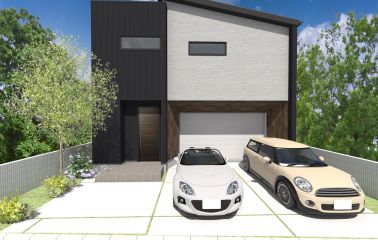 外観予想パース　黒のガルバリウムとグレーを組み合わせたシンプルな外観に、ヴィンテージ感のあるウッドを取り入れました。プライバシーを守りつつ明るさを取り入れ、クールで落ち着いた雰囲気を演出しています。