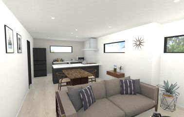 内観予想パース　白を基調にしたリビングに、黒の建具とキッチンが引き立ちます。照明は全てダウンライトを採用し、すっきりとした洗練された空間に仕上げています。
