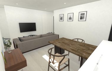 内観予想パース　太めのフローリングでカフェ風の雰囲気を演出し、ふしの見える木目が温かみを加えます。周りと調和する白の収納は、取っ手のないデザインですっきりとした印象に仕上げています。