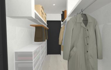 内観予想パース　ランドリーと洋室、どちらからもアクセスOK。洗濯動線を最短にした、3帖の大容量ウォークインクローゼット。