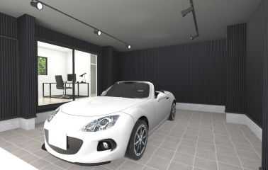 外観予想パース　ひろびろガレージで、洗車やメンテナンスも余裕。EV充電器付きでガレージで充電可能。可動式のスポットライトは用途に合わせて調光でき、ガレージ以外にも多目的に活用可能