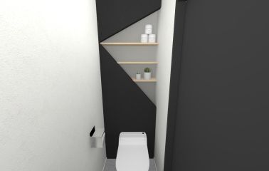 内観予想パース　特徴的なデザインが目を惹く収納は、奥に覗くコンクリート調のクロスが印象的。実用的でありながら洗練されたデザインが光ります。