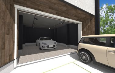 外観予想パース　ガルバリウムの壁がスタイリッシュなガレージ。電動シャッターの周りはウッド調の壁が斜めに配置され、立体感のあるデザインが特徴的。ディテールまで丁寧に設計された、大人のガレージ空間です。