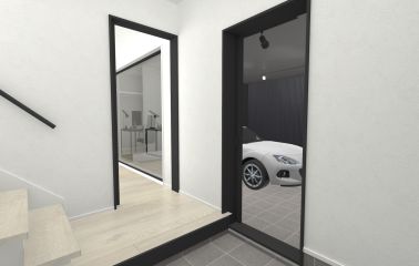 内観予想パース　玄関から直接ガレージへアクセス可能。建具や備品に合わせて、かまちも黒で統一されたこだわりのデザイン。収納部分にはパイプ付きのスペースがあり、傘などもスマートに収納できます。