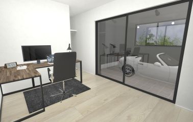 内観予想パース　大きな窓からガレージを望む書斎。車がディスプレイのように映える、大人のプライベート空間。趣味や仕事の時間を贅沢に楽しめる。