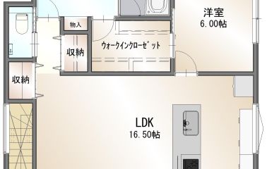 2F間取り図　1Fは居室、リビング、水回りを一つにまとめ、平屋のように使える快適な空間です。大きなウォークインクローゼットが特徴で、洗面所や居室から直接アクセスでき、使い勝手の良さを追求しています。