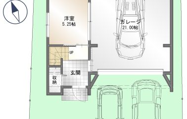 1F間取り図　【1F】広々としたガレージと、ガレージを眺める洋室。ガレージの外にも駐車可能で、ガレージにテントなどを持ち込んでお家キャンプなども楽しめます。