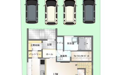 【間取りプラン】玄関からキッチン、洗面所、リビングへとアクセスできる3way仕様。買い物帰りはSICから直接パントリーに荷物を置くことができるなど、生活に合わせた便利な導線が魅力。