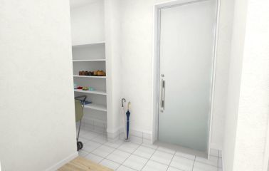 【建物プラン】玄関には大容量のシューズインクローゼットを設置。シューズインクローゼットのなかからそのままパントリーに行くこともできます。