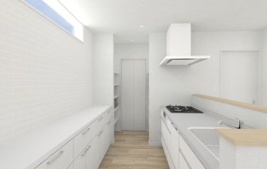 【建物プラン】タイル調のアクセントクロスが目を惹くキッチンは白で統一して洗練された雰囲気に、パントリー設置で収納にも困りません。