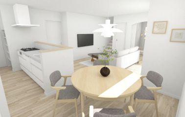 【建物プラン】家族や友人が集まるリビングは、白を基調とした爽やかで洗練された、居心地の良い空間です。