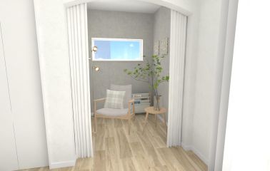 【建物プラン】リビングのフリースペースはアーチ状にくり抜き可愛らしく。スクリーンを閉めればプライベート空間としても使用できます。