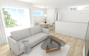 【建物プラン】白を基調とした爽やかで心地の良いリビング。2か所のクローゼットとフリースペースで収納もバッチリです。
