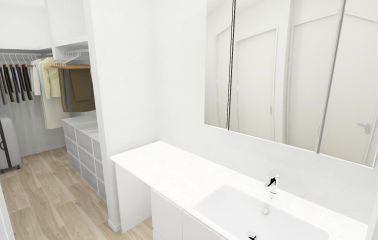 【建物プラン】洗面室と脱衣所の2か所からウォークインクローゼットにアクセス可能。洗濯機から出した洗濯物を仕舞うのもスムーズに行えます。