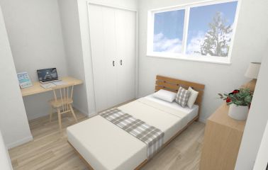 【建物プラン】ワークスペース付きの居室はお子さま部屋にもおススメです。机を置く必要が無いので、すっきりと広くお部屋を使えます。