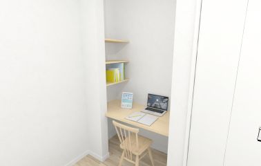 【建物プラン】備え付けのワーキングスペースは収納付きで綺麗に整頓できます。勉強や仕事、趣味の時間にも活躍。
