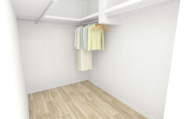 【建物プラン】ウォークインクローゼットはドアレス設計で、居室とのつながりを意識。トップシェルフを三方向に配して、使いやすさも両立しています。