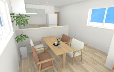 【内観予想パース】キッチンのタイル調のアクセントクロスがオシャレな、カフェライクなダイニング。オープンキッチンでLDK全体を見渡せます。