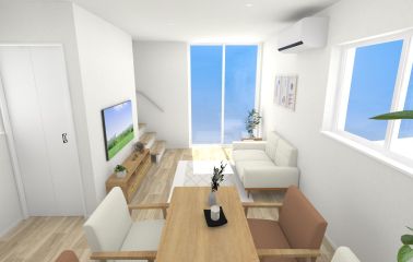 【内観予想パース】南向き３面採光で明るいリビング。収納つきですっきり整頓できます。