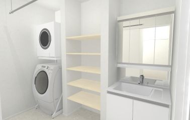 【内観予想パース】人気の乾太くん標準装備でお洗濯もらくらく。広めに設計しリネン棚も設けた使い勝手の良い洗面所です。