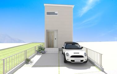 【外観予想パース】正面に窓の数を押さえたプライバシー設計。並列駐車２台可能です。