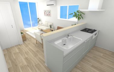 【内観予想パース】白を基調にしたリビングにグリーンアッシュのキッチンが優しく馴染みます。食洗器付きで毎日の洗い物をサポート。