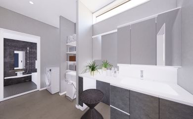 脱衣所兼ランドリールームの面積を広く取った、ホテルライクな洗面。収納もたっぷりとあり、家事導線も考えられた設計です。