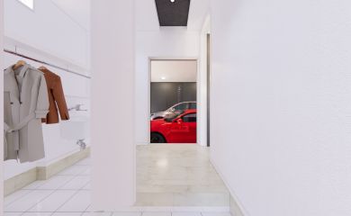 玄関を入ると正面に大きな窓があり、ガレージの愛車を眺めることができます。ひろびろとしたSICには室内に入る前に手を洗うことができる洗面所を設置。