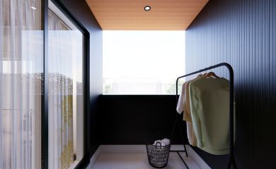 屋根付きのインナーバルコニーは、雨の日のお洗濯も安心。テーブルやイスを出してお茶やお酒を楽しんでも。
