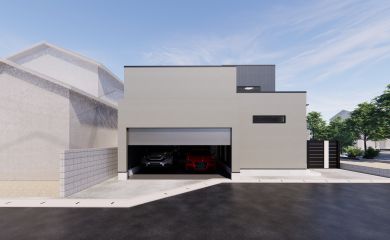 ガレージがぐんと引き立つ、シンプルだけど存在感のある外観。